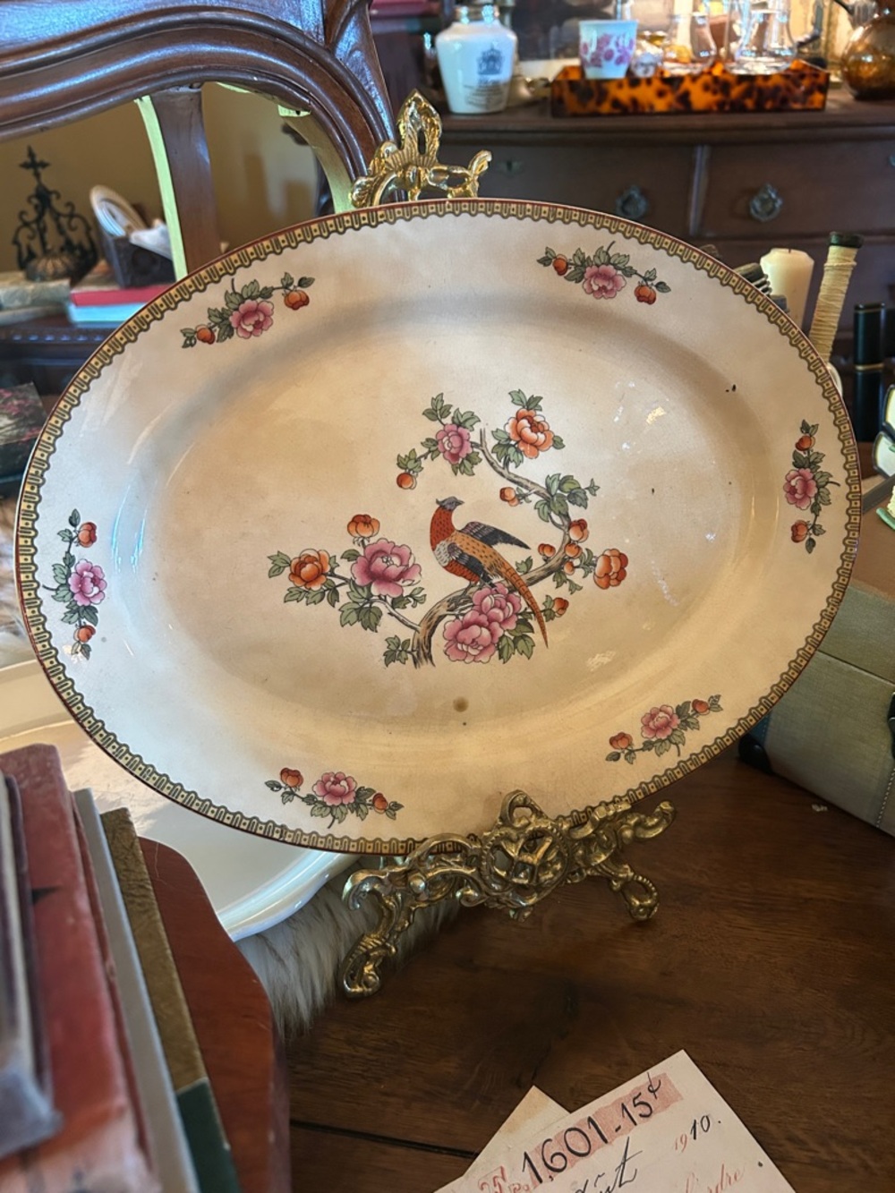 Stained and Crazed Antique Floral Pheasant Serving Platter